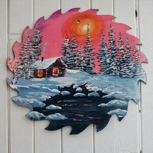 Hand-Painted Rustic Cabin Saw Blade by Ann Simmons – Winter Landscape Art